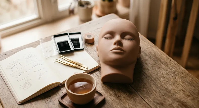 Mesa de formação com kit de extensão de pestanas, cabeça de treino e apontamentos
