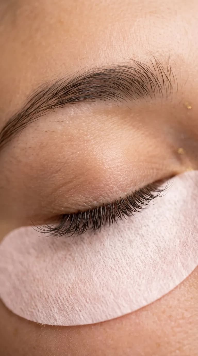 Grande plano de um olho fechado com extensões de pestanas fio a fio, naturais