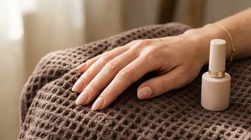 Unhas de gel rosa suave numa mão pousada numa toalha